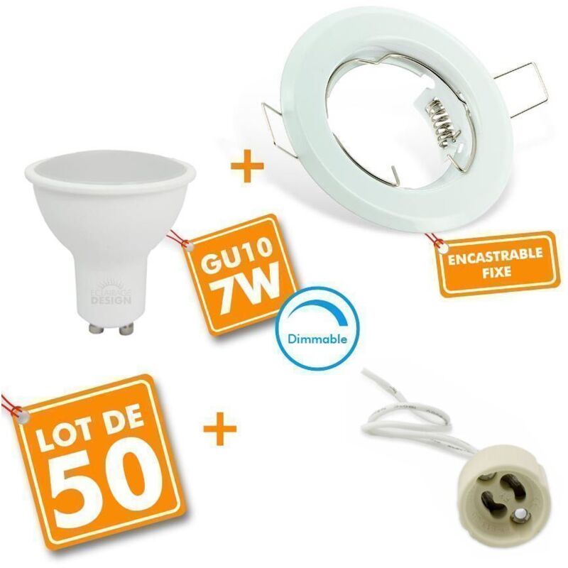 50 Spot led encastrable complet blanc Fixe avec Ampoule GU10 7W Variable Température de Couleur: Blanc Froid 6000K