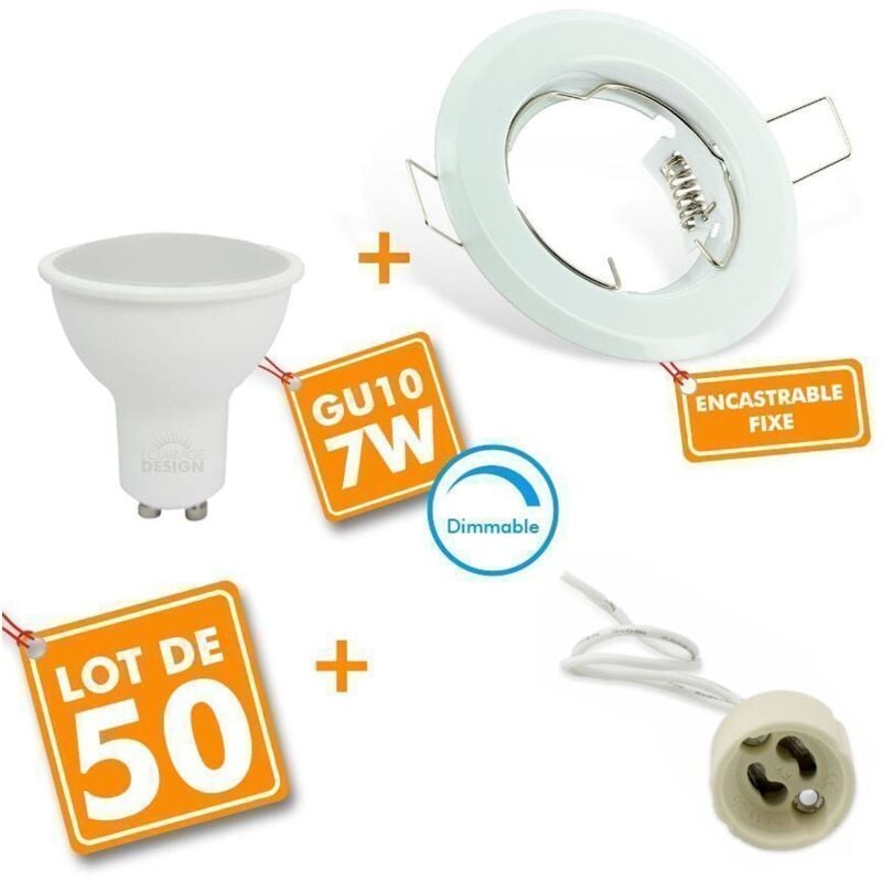 50 Spot led encastrable complet blanc Fixe avec Ampoule GU10 7W Variable Température de Couleur: Blanc neutre 4000K