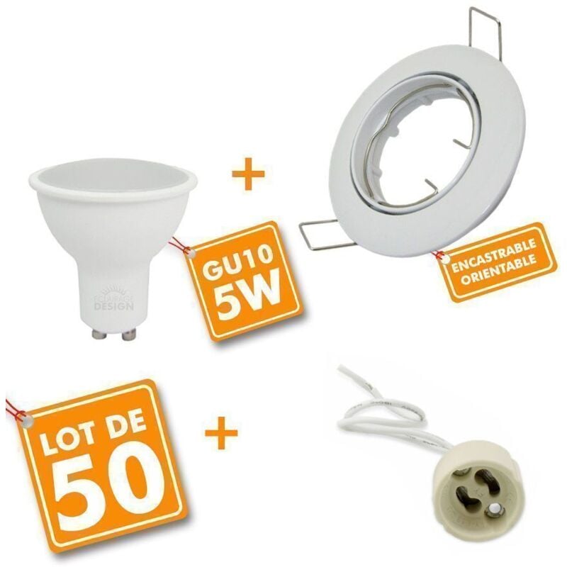 50 Spot led encastrable complet blanc Orientable avec Ampoule GU10 5W Eq 50W Température de Couleur: Blanc chaud 2700K