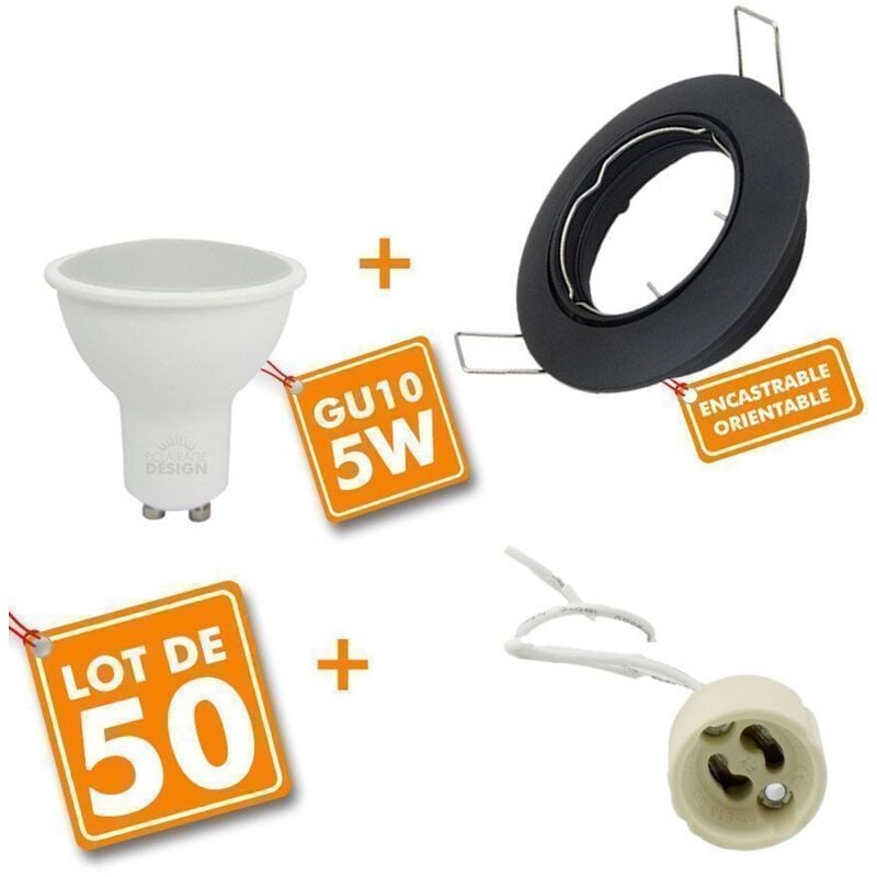 50 Spot led encastrable complet noir Orientable avec Ampoule GU10 5W Eq 50W Température de Couleur: Blanc neutre 4000K