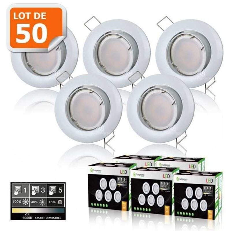 50 Spots led 3-step dimmable sans variateur 7w eq.56w blanc neutre orientable finition blanc