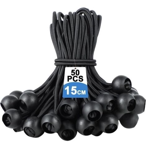 50 tendeurs élastiques avec Boule,Tendeur de bâche,Sandow élastique, Corde élastique,Boucles Extensibles Noires avec Boule Plastique
