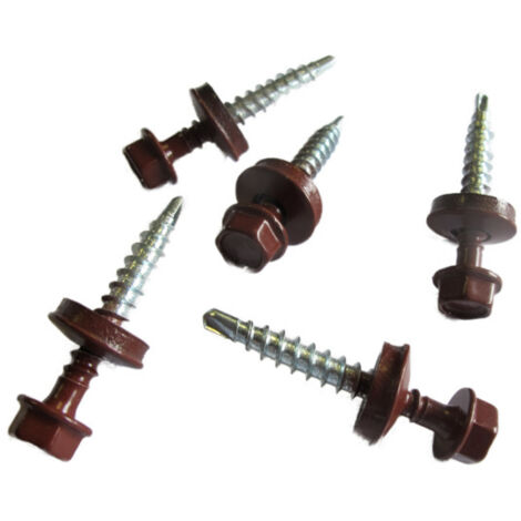 50 TORNILLOS AUTO CIERRE (4,9 x 35 mm) + 50 arandelas de sellado para paneles de teja fácil - Color - Marrón rojizo mate, Longitud - 3,5 cm