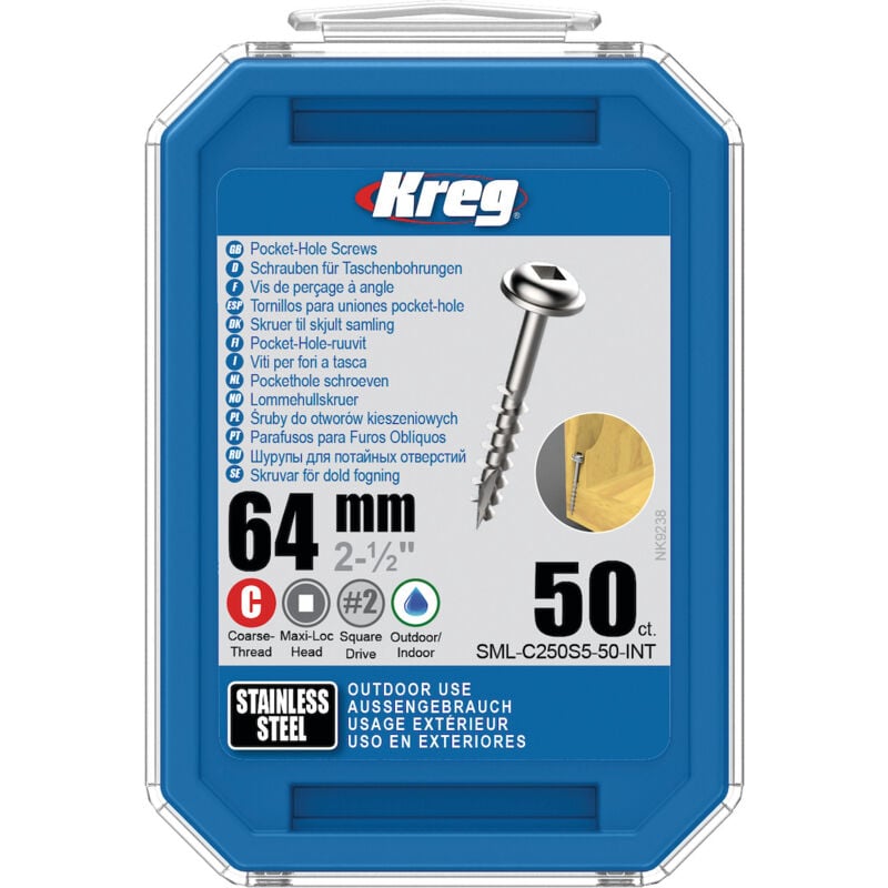 Vis à trous de poche Kreg 64 mm Inox Maxi-Loc, Filetage épai, 50 Kreg SML-C250S5-50-INT