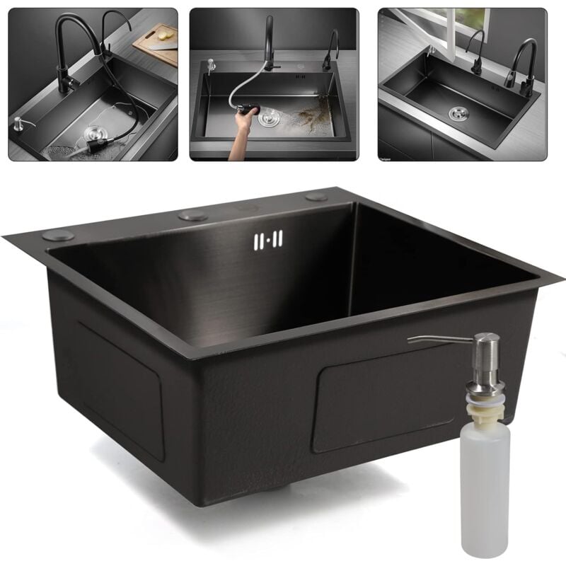 50 x 45 cm Évier de cuisine encastrable en acier inoxydable noir 1 bac pour cuisines et salles de bain + distributeur de savon noir