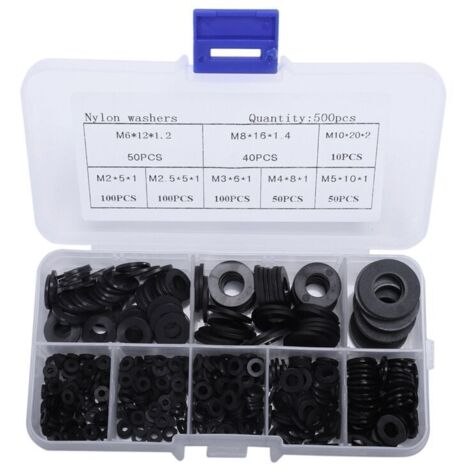 500 arandelas planas negras, kit de juntas de nailon, arandelas redondas, surtido de arandelas de sellado, surtido de arandelas de goma (M2, M2.5, M4, M5, M6, M8, M10) para reparaciones de bricolaje.