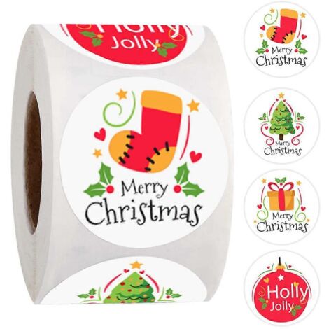 500 autocollants Joyeux Noël, 4 modèles ronds, pour la décoration de boîtes cadeaux, cartes de vœux, enveloppes et articles de papeterie.