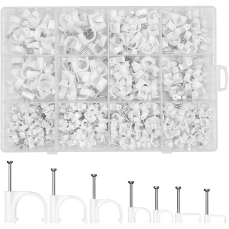 500 clips de câble ronds + 200 clous, clips de câble carrés, clips à clouer, clips de câble pour câbles réseau Ethernet-AquaForge