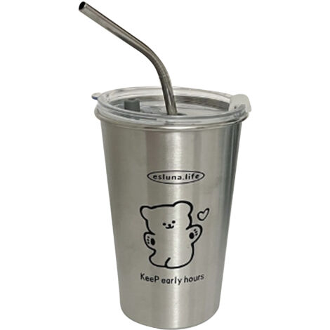 500-ml-Edelstahl-Isolierbecher mit Metallstrohhalm, ideal für Eiskaffee, Tee und unterwegs – Happy Bear Design