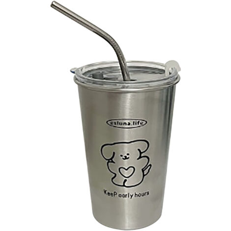 500 ml Edelstahl-Isolierbecher mit Metallstrohhalm, ideal für Eiskaffee, Tee, Wasser, auf Reisen und für Haustiere.