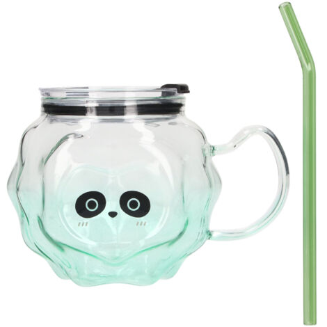 500 ml Milchbecher im Panda-Design, robuste Konstruktion mit Glasstrohhalm, ideal für Zuhause, Büro oder Schule.