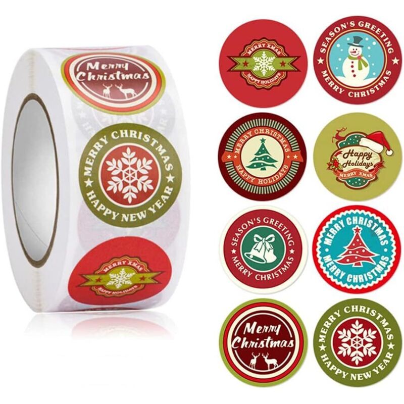 500 pezzi di etichette adesive natalizie, etichette autoadesive natalizie da 2,5 cm, adesivi regalo per le feste, 8 design, forma rotonda, per