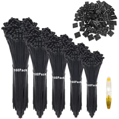 500 Pièce Attaches de Câble 100/150/200/250/300mm, Colliers Nylon de Serrage, Utilisé pour les fils intérieurs et extérieurs, les outils, la finition du jardin + 50 Pcs Embases Adhesive, Noir