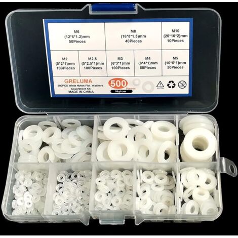 500 Pièces M2 M2.5 M3 M4 M5 M6 M8 M10 Rondelle En Plastique Nylon Rondelle Plate Vis Boulon Assortiment Kit, Blanc
