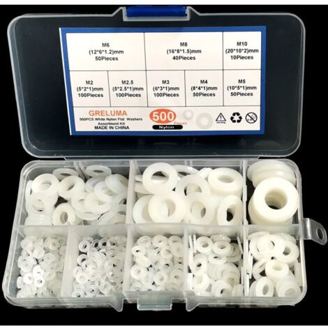 500 Pièces M2 M2.5 M3 M4 M5 M6 M8 M10 Rondelle En Plastique Nylon Rondelle Plate Vis Boulon Assortiment Kit, Blanc