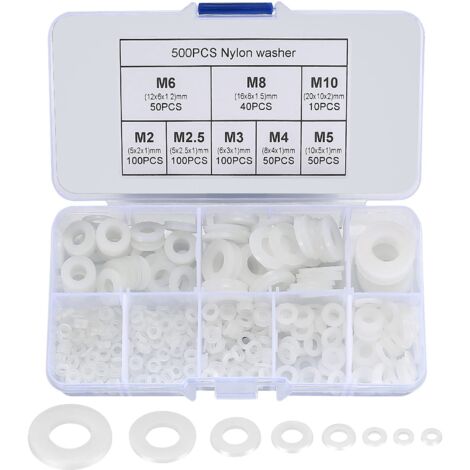 500 pièces rondelle plate en nylon, rondelle plate isolée joint rond joint d'étanchéité kit d'assortiment de tuyaux-M2/M2.5/M3/M4/M5/M6/M8/M10 (B-Blanc)