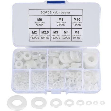 500 pièces rondelle plate en nylon, rondelle plate isolée joint rond joint d'étanchéité kit d'assortiment de tuyaux-M2/M2.5/M3/M4/M5/M6/M8/M10 (Blanc)
