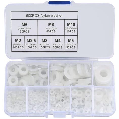 500 Pièces Rondelles Nylon Blanc, Assortiment de Rondelles Plastique Plates pour Plomberie, Robinetterie & Réparations Mécaniques, Tailles M2, M25, M3, M4, M5, M6, M8, M10