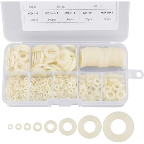 500 pièces rondelles plastique rondelles plates en nylon M2 / M2.5 / M3 / M4 / M5 / M6 / M8 / M10 Rondelle d'Etancheite blanches pour fixations industrielles