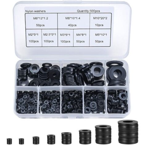 500 Pièces Rondelles Plates Nylon Noir, Rondelles Plates Isolation Rond Joint Spacer Joint Plomberie Assortiment Kit- M2/M2.5/M3/M4/M5/M6/M8/M10
