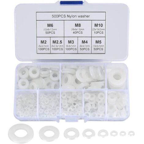 500 Pièces Rondelles Plates Nylon, Rondelles Plates Isolation Rond Spacer Joint Plomberie Assortiment Kit- Blanc, M2/M2.5/M3/M4/M5/M6/M8/M10