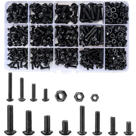 500 Pieces Screws Bolts and Nuts, M3/M4/M5 Hexagon Socket Cap Screws, Button Screws with Hex Head Nut Assortment Kit - Black