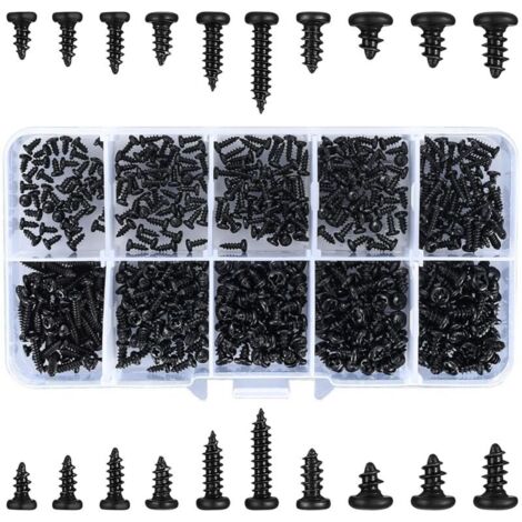 500 Pièces Vis Autotaraudeuses, Vis Autoforeuses à Tête Cruciforme, Vis à Bois à Tête Ronde Noire pour Plastique Bois Métal - M2/M2.3/M2.6/M3-