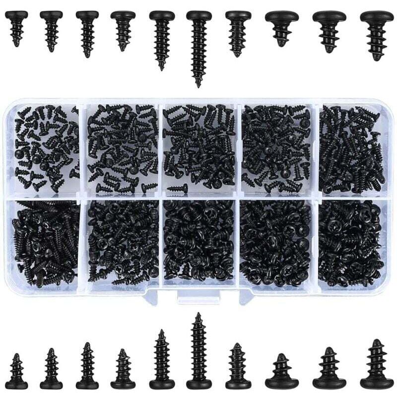 500 Pièces Vis Autotaraudeuses, Vis Autoforeuses à Tête Cruciforme, Vis à Bois à Tête Ronde Noire pour Plastique Bois Métal - M2/M2.3/M2.6/M3