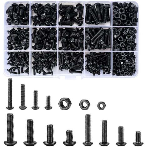 500 Pièces Vis Boulons et écrous, M3/M4/M5 Vis à Six Pans Creux, Vis Bouton avec écrou à Tête Hexagonale Assortiment Kit - Noir