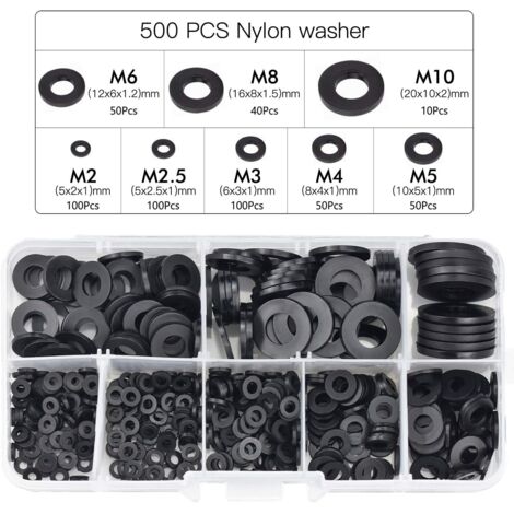 500 Stück schwarze Kunststoffscheiben, Sicherungsscheiben, Befestigungselemente, Sortiment selbstsichernder Scheiben, mechanische Scheiben M2,5 M3 M4 M5 M6 M8 M10