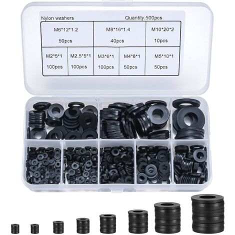 500 Stück schwarze Nylon-Unterlegscheiben, flache Unterlegscheiben, Isolierung, runde Dichtung, Abstandshalter, Dichtung, Sanitär-Sortiment-Set – M2/M2,5/M3/M4/M5/M6/M8/M10