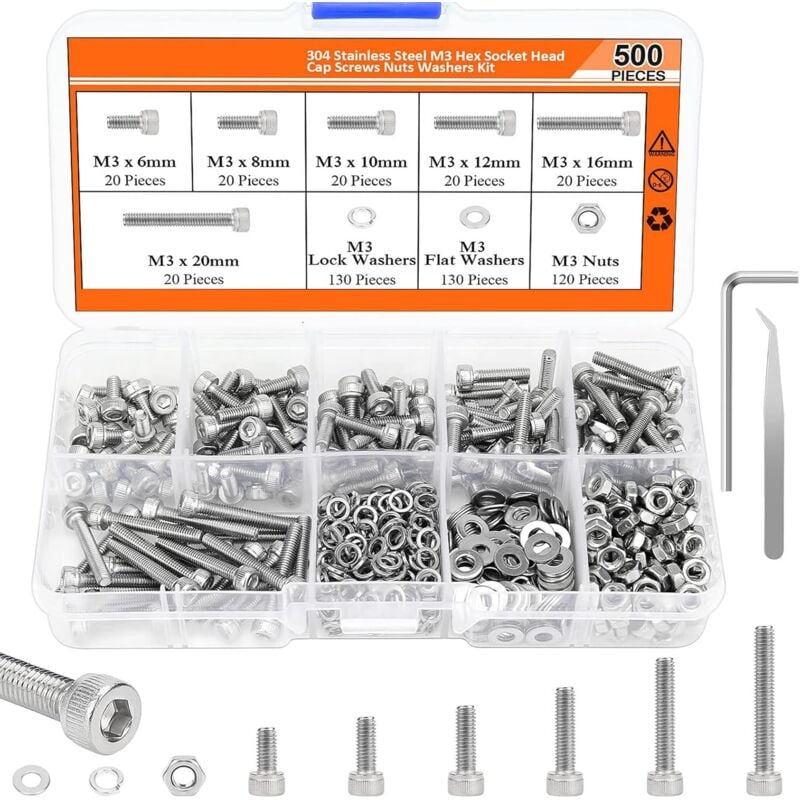 500 vis à tête fraisée en acier inoxydable avec boîte de rangement pour réparation de machines et rondelles
