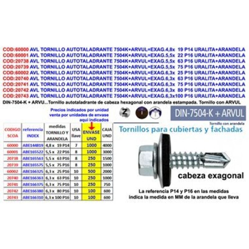 Vis autoperceuse - Tête hexagonale avec collerette estampée - Rondelle vulcanisée Acier/EPDM - Zingué 5,5 x 63 P16 - Boite de 250