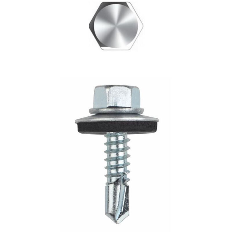 Vis autoperceuse - Tête hexagonale avec collerette estampée - Rondelle vulcanisée Acier/EPDM - Zingué 6,3 x 100 P25 - Boite de 100