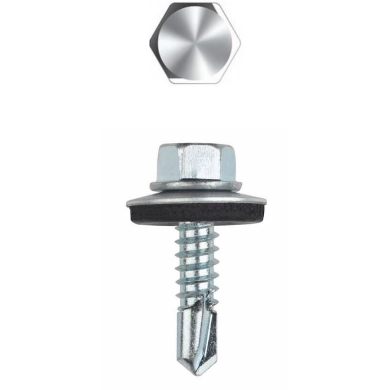 Vis autoperceuse - Tête hexagonale avec collerette estampée - Rondelle vulcanisée Acier/EPDM - Zingué 6,3 x 90 P18 - Boite de 100