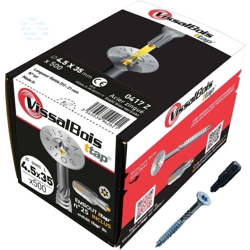 500 vis bois ttap 4.5x35mm filetage asymétrique zingué Vissal