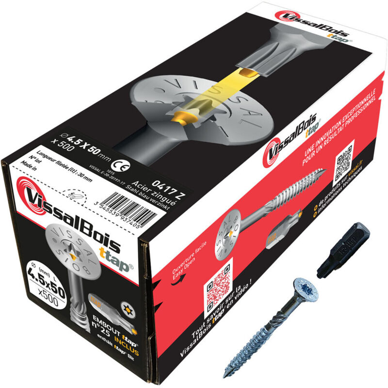 Boite de 500 vis agglo Torx25 zinguées à filetage partiel torx/ttap ailette 35/40/45/50mm - diam 4.5 mm - 50/30