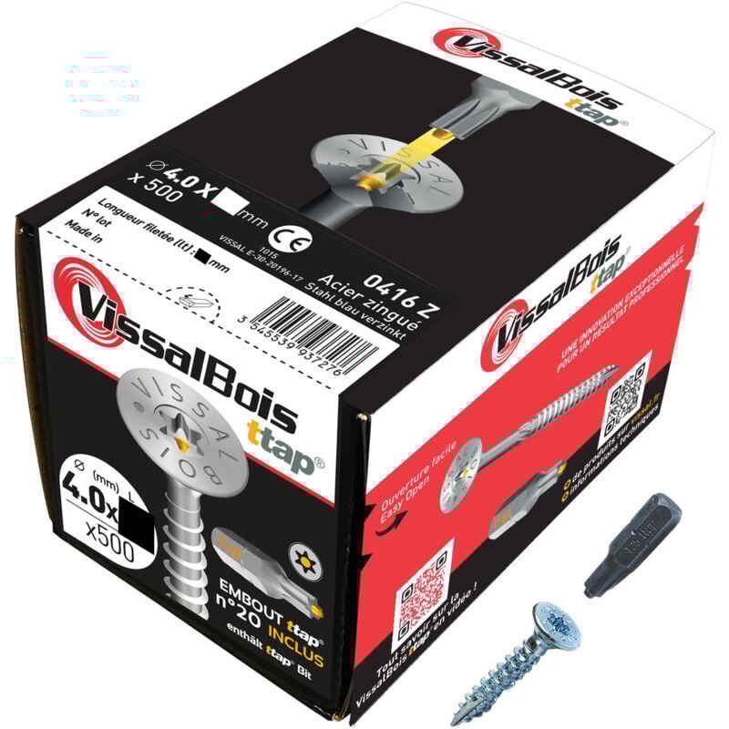 Boite de 500 vis agglo Torx20 zinguées à filetage partiel torx/ttap ailette 16/20/25/30mm - diam 4 mm - Longueur 15,90 mm