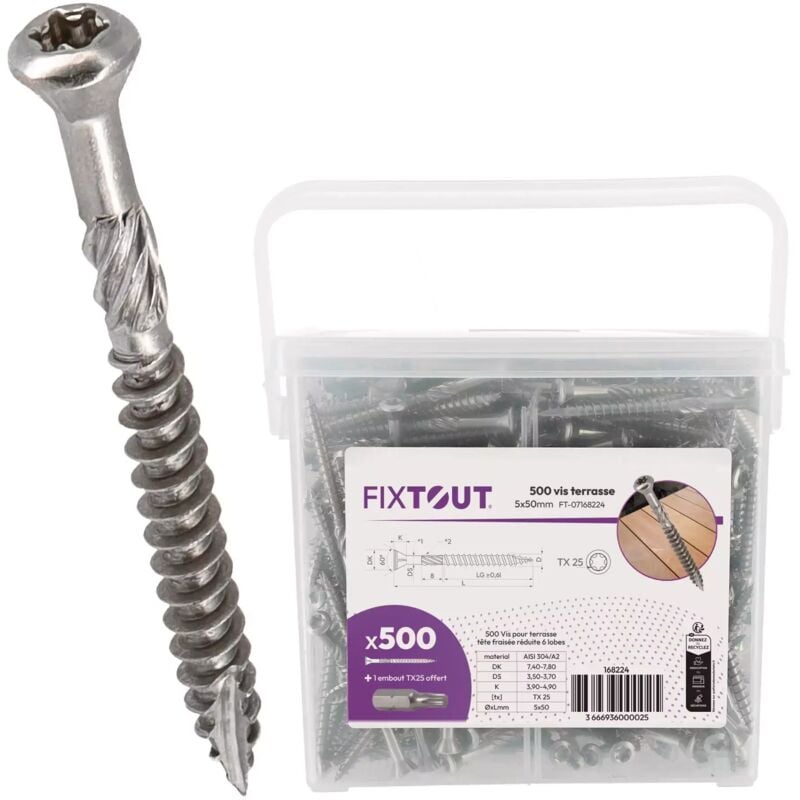 Lot de 500 vis terrasse en inox A2 - Empreinte Torx - Diamètre de 5mm - 70 mm