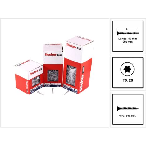 500 Vis VBA zingué blanc Power-Fast TX30 Ø6 x 40 mm - Filetage total - Fischer