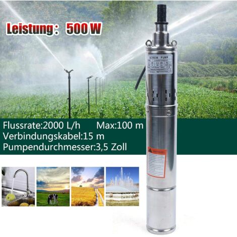 500 W Pompa per fontana profonda, pompa sommergibile, pompa a vite, compatibile con la sabbia, in acciaio inox, velocità di flusso 2000 l/h, altezza massima di mandata 100 m