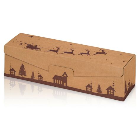 500 x Präsentkarton für 1 Flasche 380x95x90 mm Motivdruck Weihnachten Natur Braun
