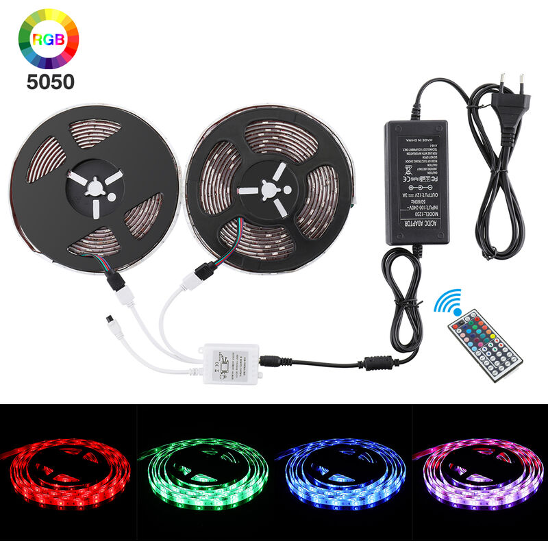 GLIME RGB LED Streifen 10M, LED Strip 300LEDs Lichtband 20 Farben Dimmbar LED Band mit 44 Tasten IR-Fernbedienung, Wasserdicht IP65, 12V 5A Netzteil,
