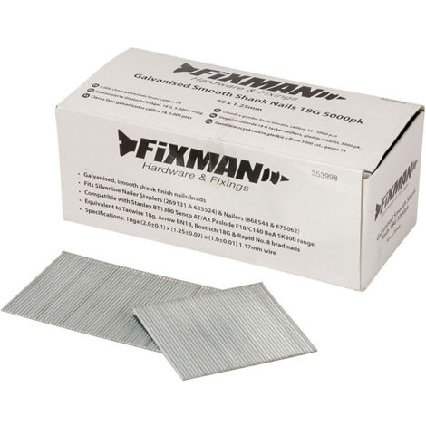 Lot de 5000 clous de finition galvanisés calibre 18 – Tête perdue lisse 50 mm – Résistance à la corrosion – Pour cloueuses Stanley et Senco – Fixman