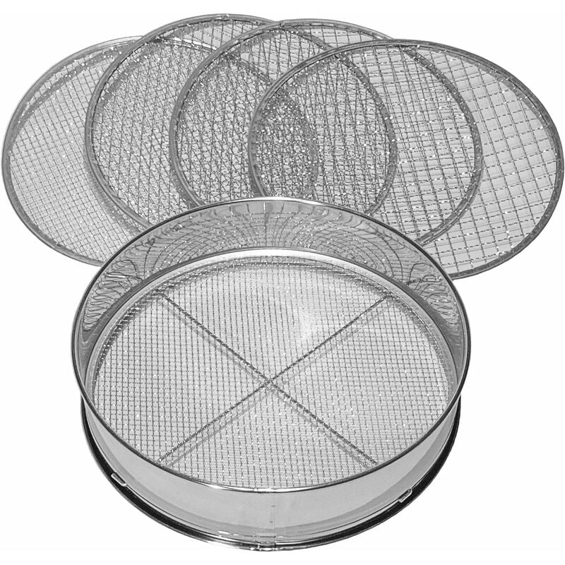 Jusch - 5000, Tamis de Jardin 5en1, 5 Inserts interchangeables ø 3,5,8,10,12 mm de Finesse, passoire pour Terre, Pierres, Compost, Sable et Gravier