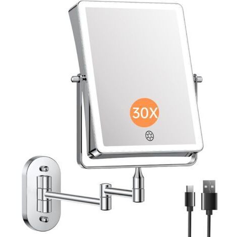 5000mAh Miroir cosmétique Rechargeable avec éclairage LED, Miroir de Maquillage avec grossissement 1/30X et Batterie Interrupteur Tactile, Miroir de Rasage à intensité Variable,360°