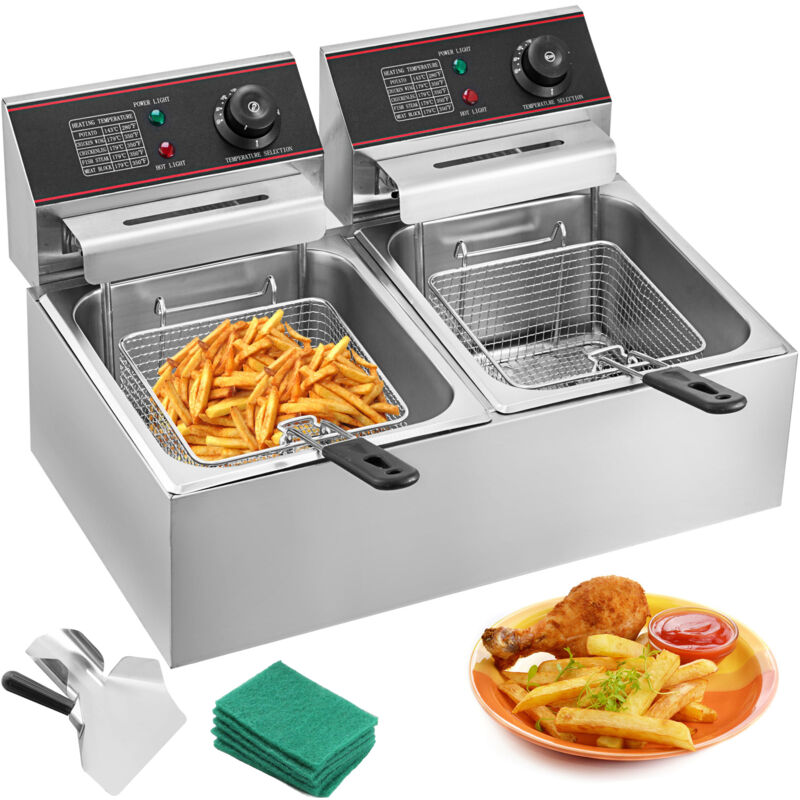 Mophorn - 6000W Double friteuse 12L Commercial Double controle de temperature reglable Friteuse en acier inoxydable a double panier avec couvercle