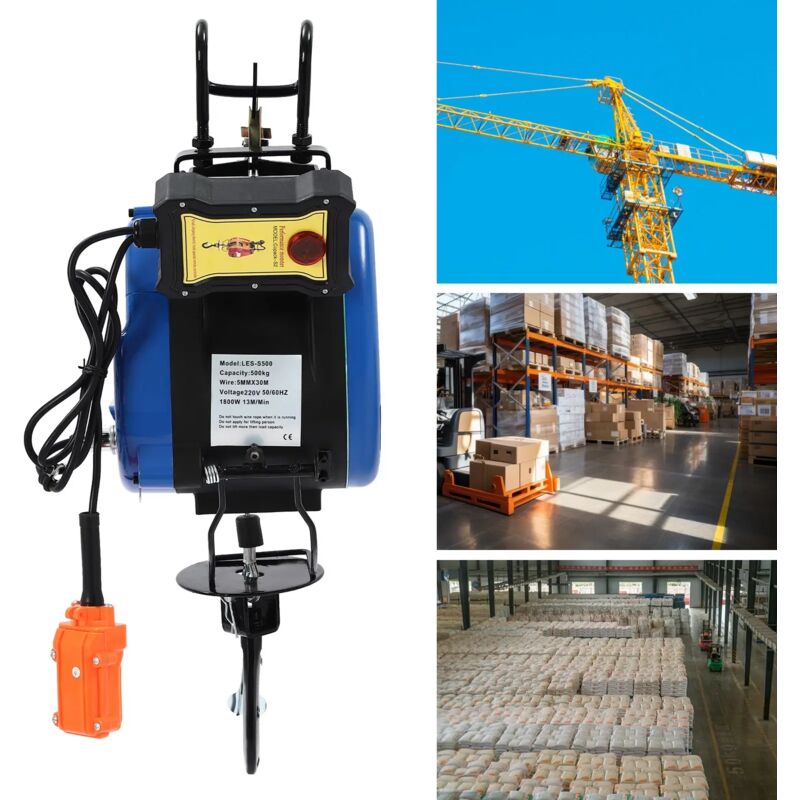 500KG Electric Hoist with Remote 1800W Motor Winch with Limit Protection, 29m Lifting Height for Attic, Garage, Workshop, Warehouse, Factory