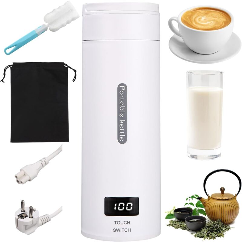 500ML Mini Bouilloire portable Electrique de Voyage, 4 Temperatures Bouilloire Electrique, Acier inoxydable 304 avec Brosses et sacs, Tasse de