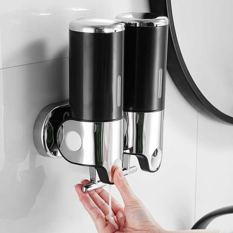 500Ml X 2 Wall Mounted Soap Dispenser, Double Head Hand Soap Dispenser Liquid Shower Gel Shampoo Dispenser (Black) - Stol